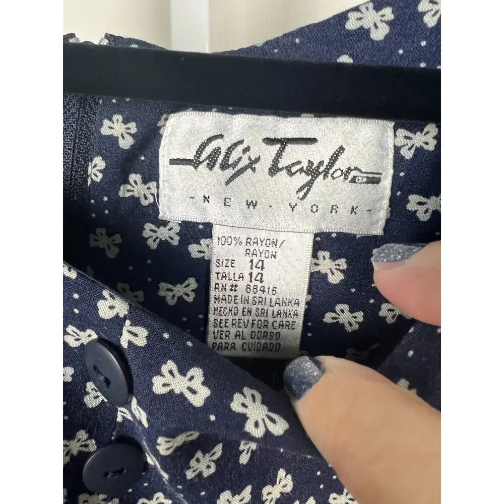 Vintage Bow Print Romper Dress Blue Rayon 90s Button‎ Front XS